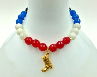 14K Gold COWBOY Boot Charm w/ Cherry Red JADE, White Moonstone, and Sky Blue and Navy Jade Stretch Bracelet! American 4th Patriot Boho Gift!