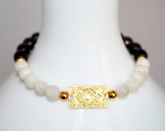 Burgundy GARNET & White MOONSTONE Stretch Bracelet w/ 14k Gold Vermeil Bar! January and June Birthstone, Crown Chakra, Wine Red White Pearl