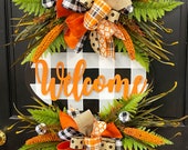 Buffalo Check Welcome Plaque FALL Everyday Wreath - Orange, Burlap Black White
