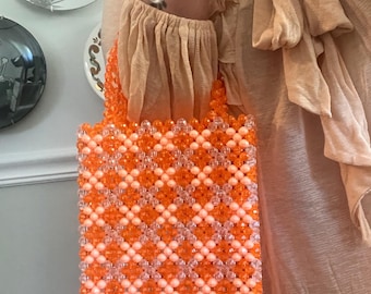Orange Gingham Beaded Purse | Vintage-Inspired  Handbag | Picnic Check Pattern