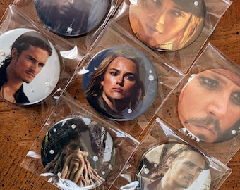 Pirates of the Caribbean Upcycled Book Pin Badges (58mm) – Jack Sparrow, Will Turner, Elizabeth Swann
