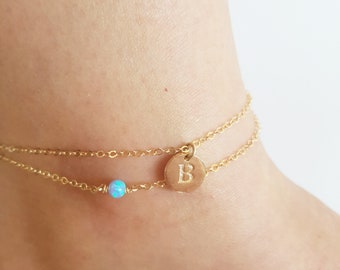 Initial Anklet,Personalized Anklet,Opal Anklet,Ankle bracelet,Gold filled or Sterling Silver,Layering Anklet,Beach anklet,gift,Dainty Anklet