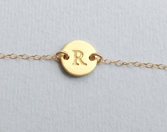 Initial necklace gold,tiny letter disc,initial jewelry