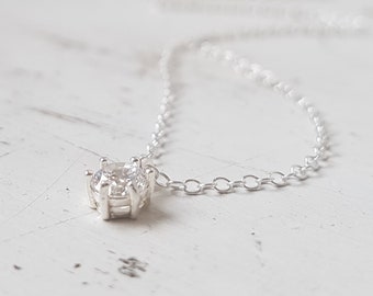 CZ Diamond Necklace,Silver Solitaire Necklace,Delicate Silver necklace, Cubic Zirconia necklace,Minimalist Necklace