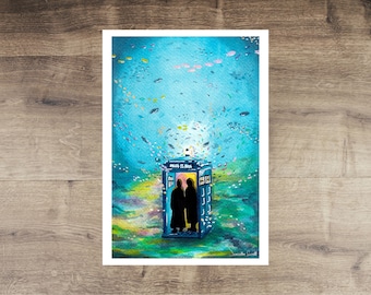 PRINT Underwater Adventure, Mixed Media Art Print, Artwork, Doctor Who, Jodie Whittaker, Mandip Gill, Decor, Wall Art, Watercolour, Gift