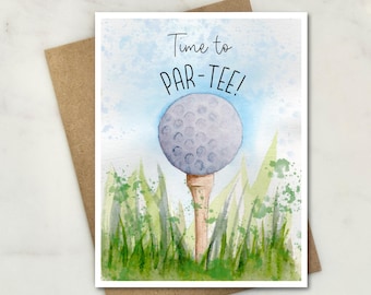 Golf Pun Greeting Card – “Time to PAR-TEE!” Pun Card for Golfer, Handmade Watercolor Card for Birthdays, Retirements, or Just Because