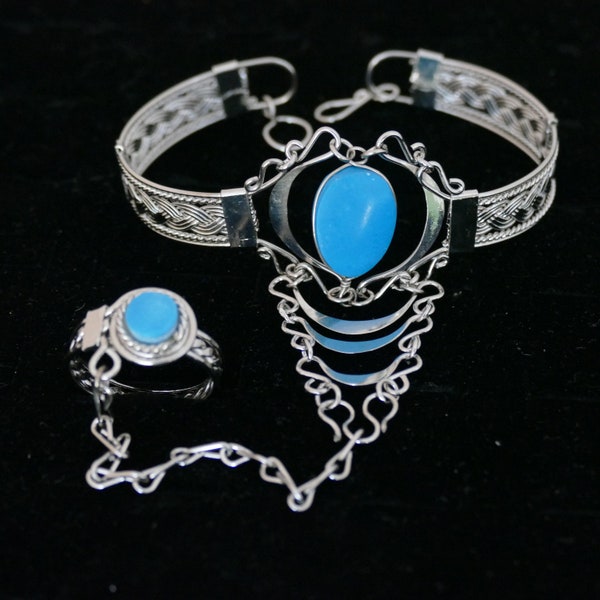 Light Blue Bracelet & Ring Turquoise Bead Hand Chain Ring Bracelet Bracelet Hand Jewelry finger bracelet hand chain bracelet boho bracelet