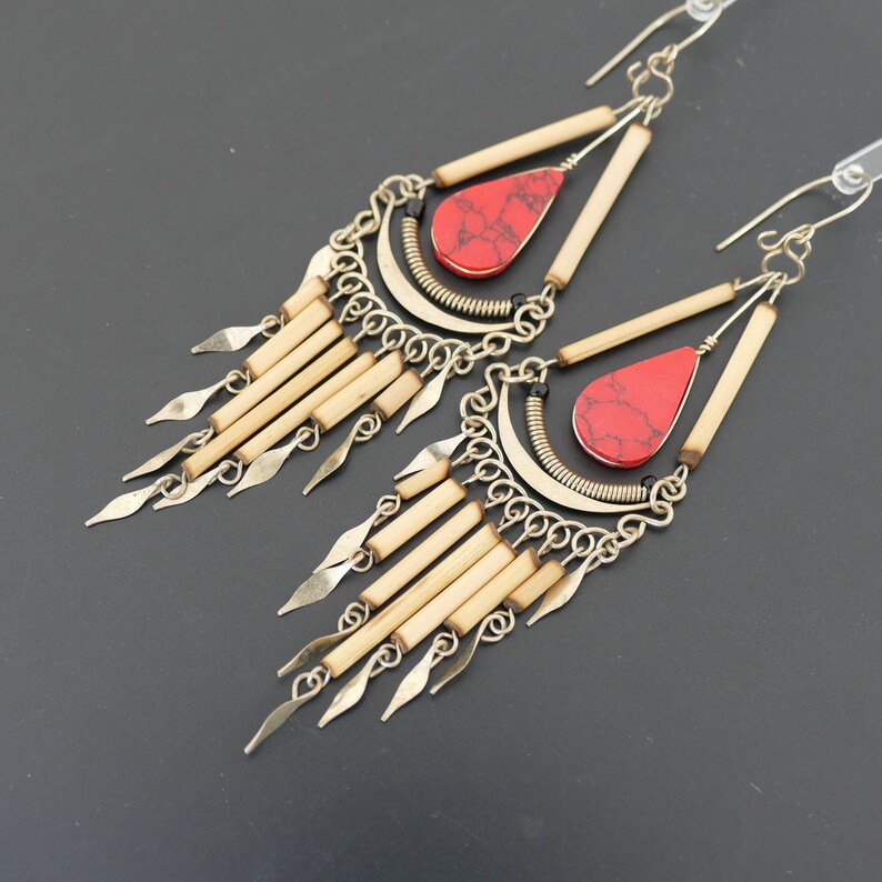 Red Bohemian Earrings Boho Earrings Handmade Earrings Dangle Etsy