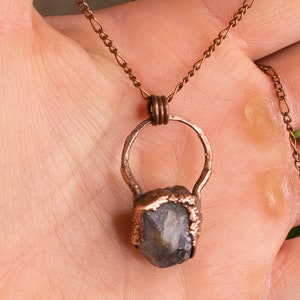 handmade unique copper electroformed celestite statement pendant necklace, sanded, antiqued and polished artisan jewelry