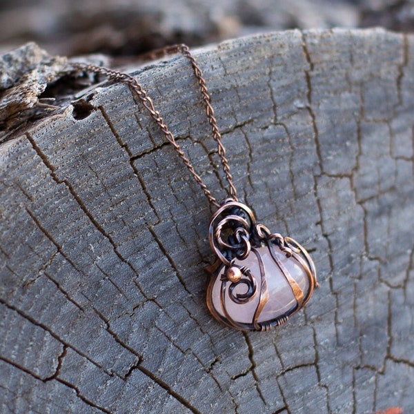 Sweet unique twisty pumpkin pendant necklace in wrapped, textured, twisted, antiqued and polished copper with a rose quartz crystal