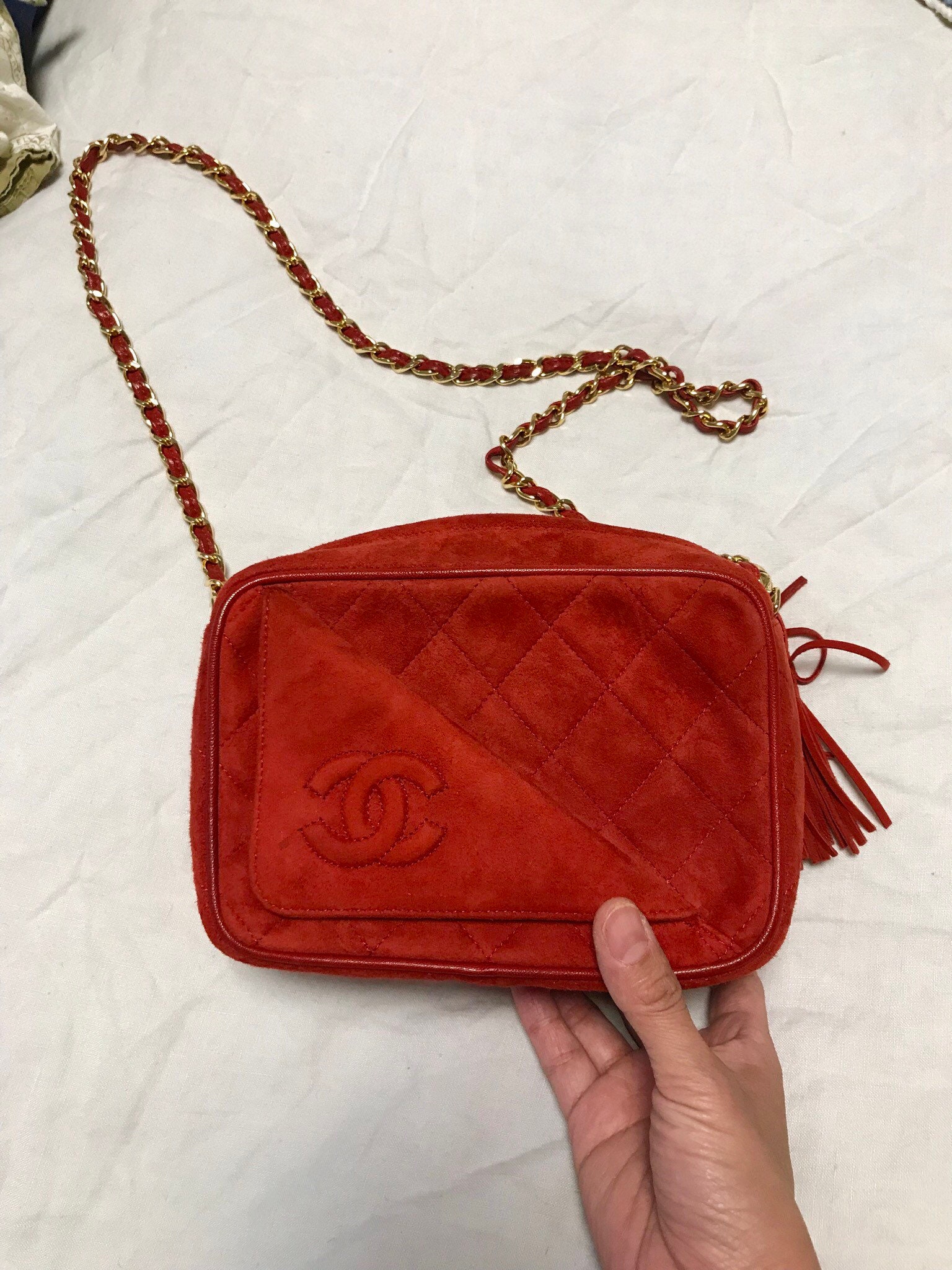 Authentic Vintage Chanel Very Rare Red Suede Camera Bag 