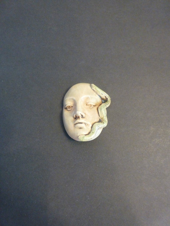 Handmade ceramic snake serpent face protective beading altar purse doll wand magic strength guardian the face Diane Briegleb 347