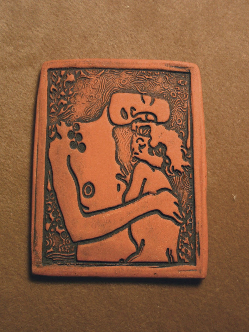 Handmade ceramic flat bead mother child love protection beading jewelry altar purse doll magic strength guardian the face Diane Briegleb 421