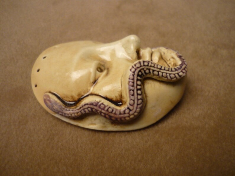 Handmade ceramic snake serpent face protective beading altar purse doll wand magic strength guardian the face Diane Briegleb 347