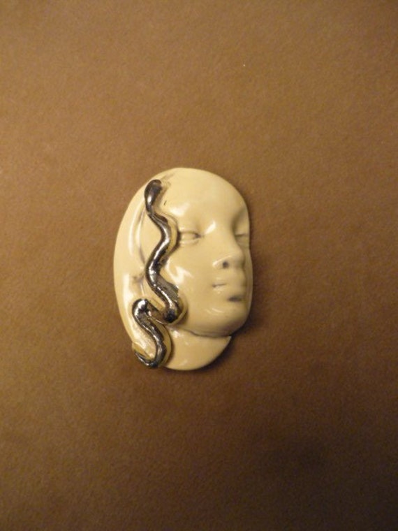 Handmade ceramic snake serpent face protective beading altar purse doll wand magic strength guardian the face Diane Briegleb 347