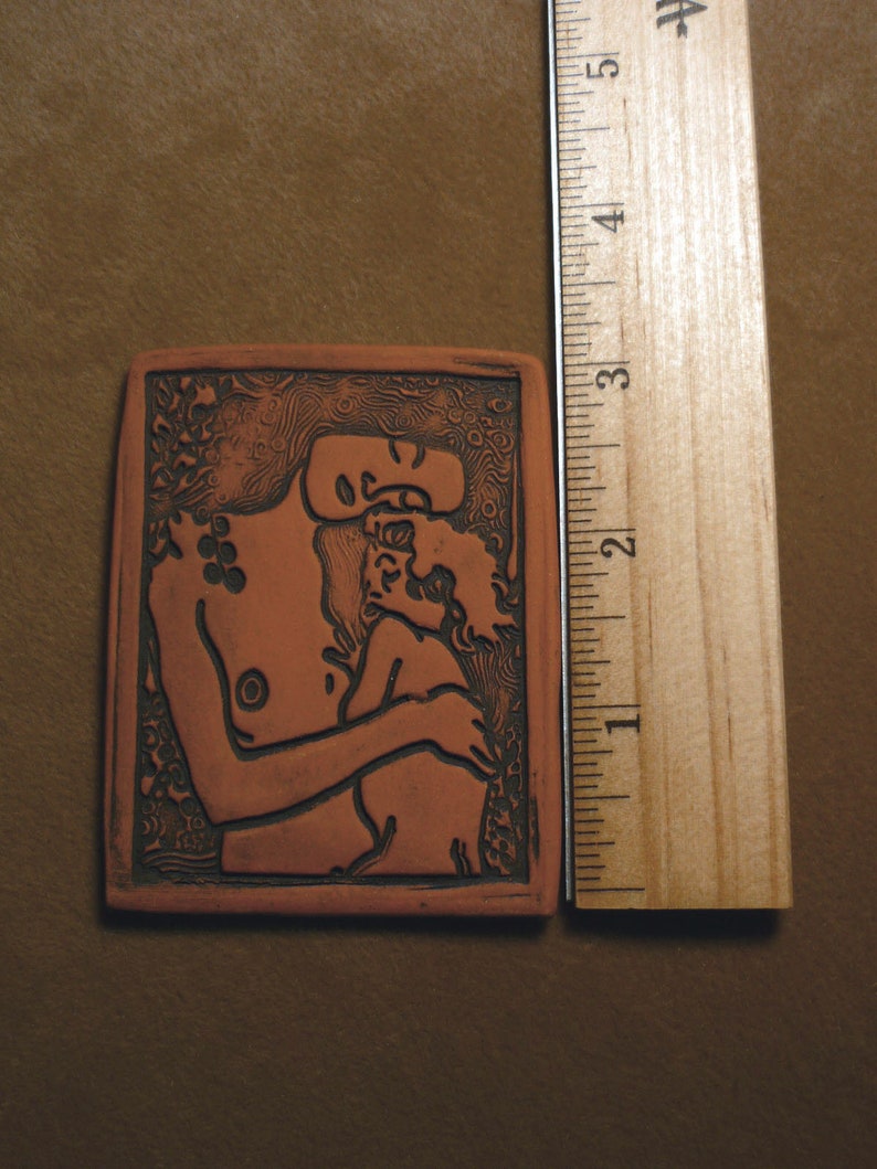 Handmade ceramic flat bead mother child love protection beading jewelry altar purse doll magic strength guardian the face Diane Briegleb 421