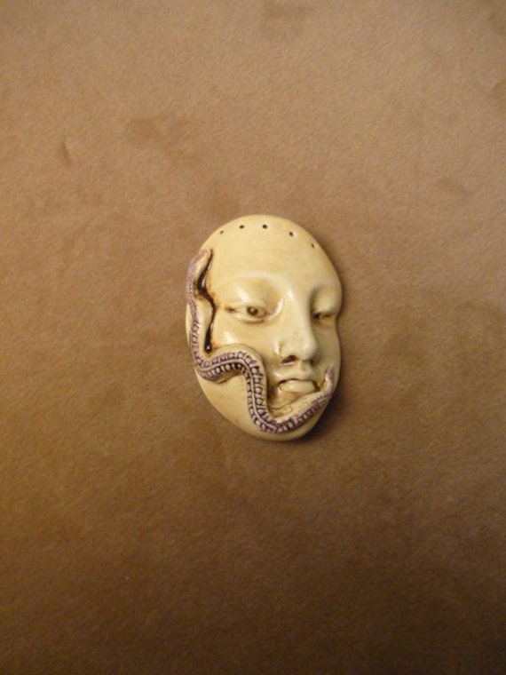 Handmade ceramic snake serpent face protective beading altar purse doll wand magic strength guardian the face Diane Briegleb 347