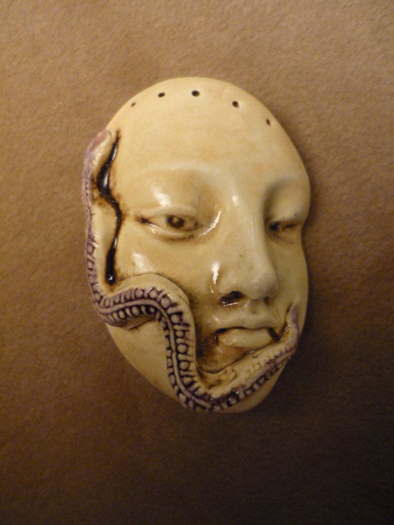Handmade ceramic snake serpent face protective beading altar purse doll wand magic strength guardian the face Diane Briegleb 347