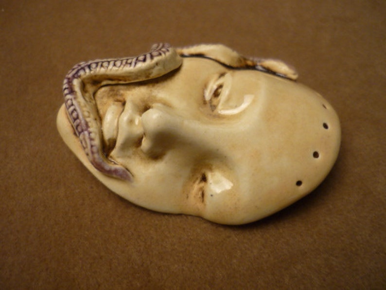 Handmade ceramic snake serpent face protective beading altar purse doll wand magic strength guardian the face Diane Briegleb 347