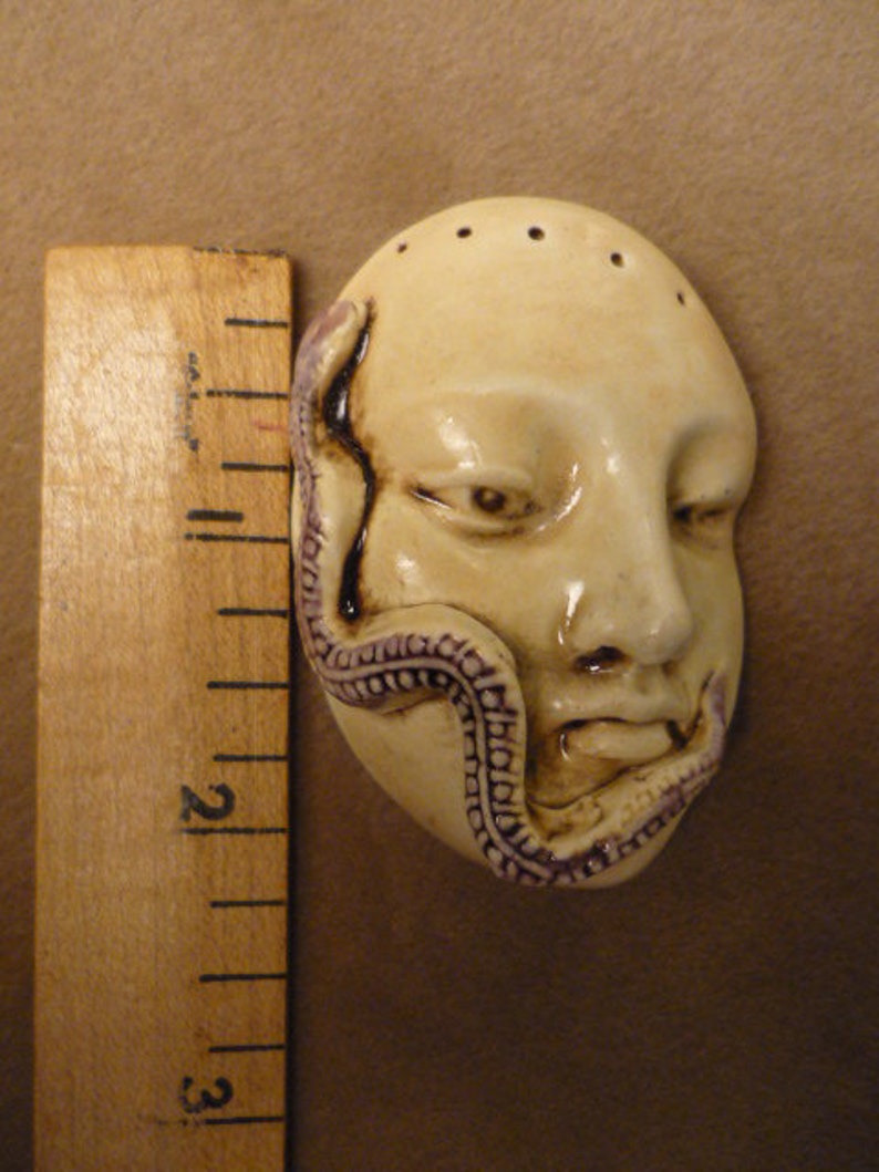 Handmade ceramic snake serpent face protective beading altar purse doll wand magic strength guardian the face Diane Briegleb 347