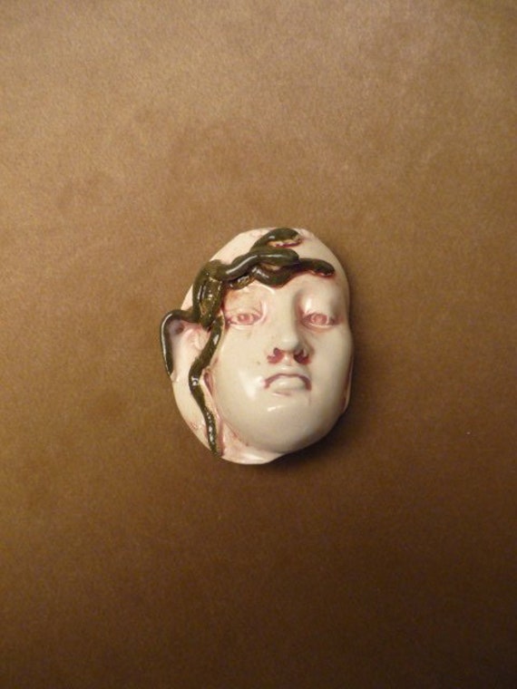Handmade ceramic snake serpent face protective beading altar purse doll wand magic strength guardian the face Diane Briegleb 347