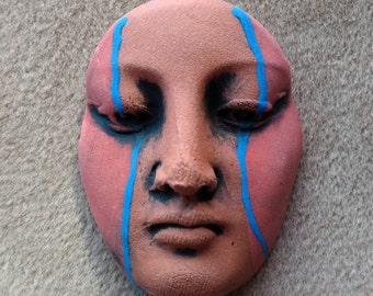 Warrior Maiden - painted Terracotta face for altars mixed media beading 499