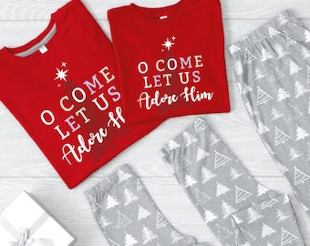 Matching Family Christmas Pajamas, O Come Let Us Adore Him, Religious, Jesus, Snug-Fit Kids, Jogger Style Adults