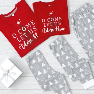 Matching Family Christmas Pajamas, O Come Let Us Adore Him, Religious, Jesus, Snug-Fit Kids, Jogger Style Adults