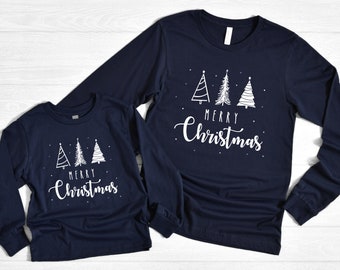 Navy Merry Christmas Shirts, Matching Family Christmas, Christmas Tree Shirts