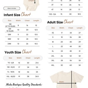 May include: Size charts for infant, toddler, youth, and adult clothing. Measurements are in inches. The charts include size, width, chest, and length for each size. Also included are Miche Boutique Quality Standards.