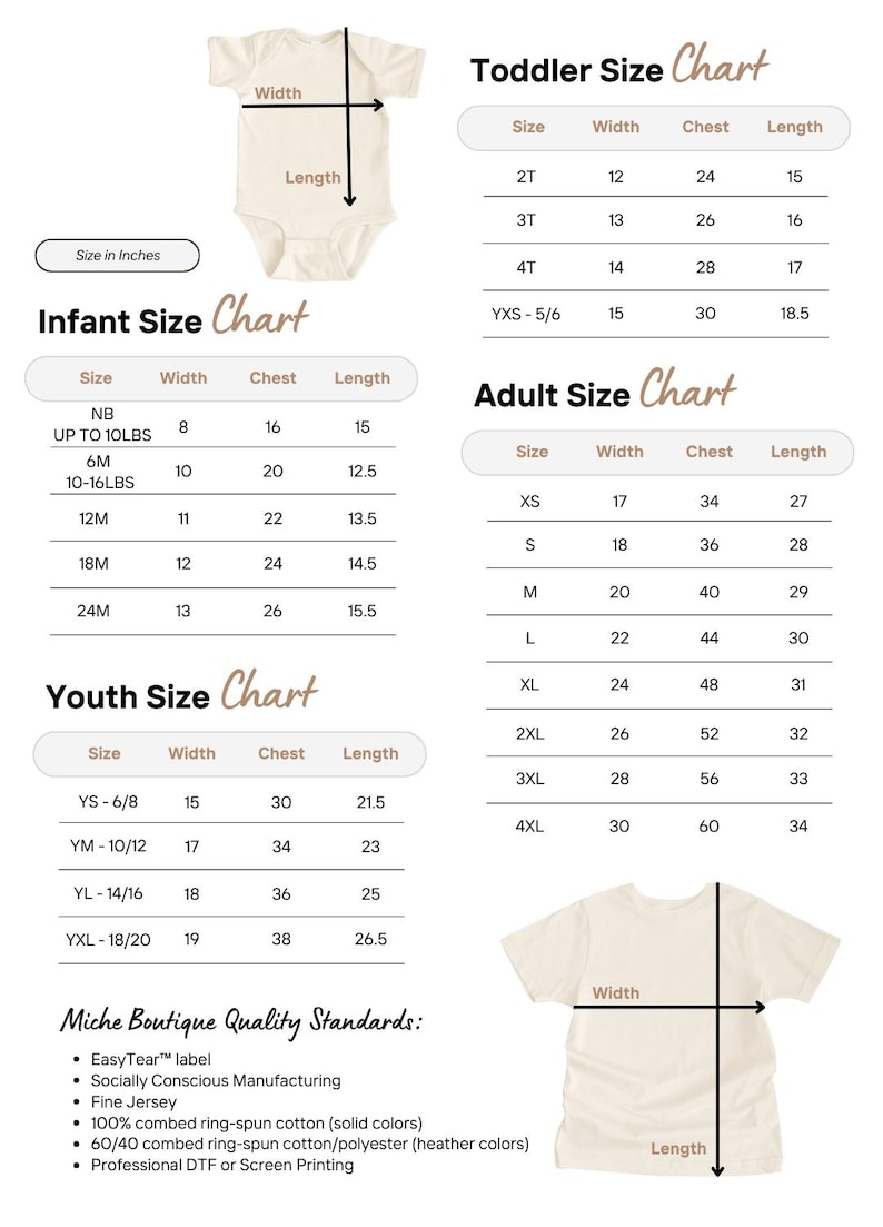 May include: Size charts for infant, toddler, youth, and adult clothing. Measurements are in inches. The charts include size, width, chest, and length for each size. Also included are Miche Boutique Quality Standards.