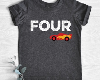 Race Car Birthday Shirt, FOUR, 4th Birthday, Racing Birthday Boy Shirt, Birthday Outfit, Race Car Party Outfit, Nascar Birthday Shirt