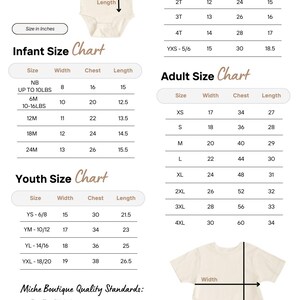 May include: Size charts for infant, toddler, youth, and adult clothing. Measurements are in inches for width, chest, and length. Includes a cream-colored onesie and t-shirt with measurement lines. Also lists Miche Boutique Quality Standards.