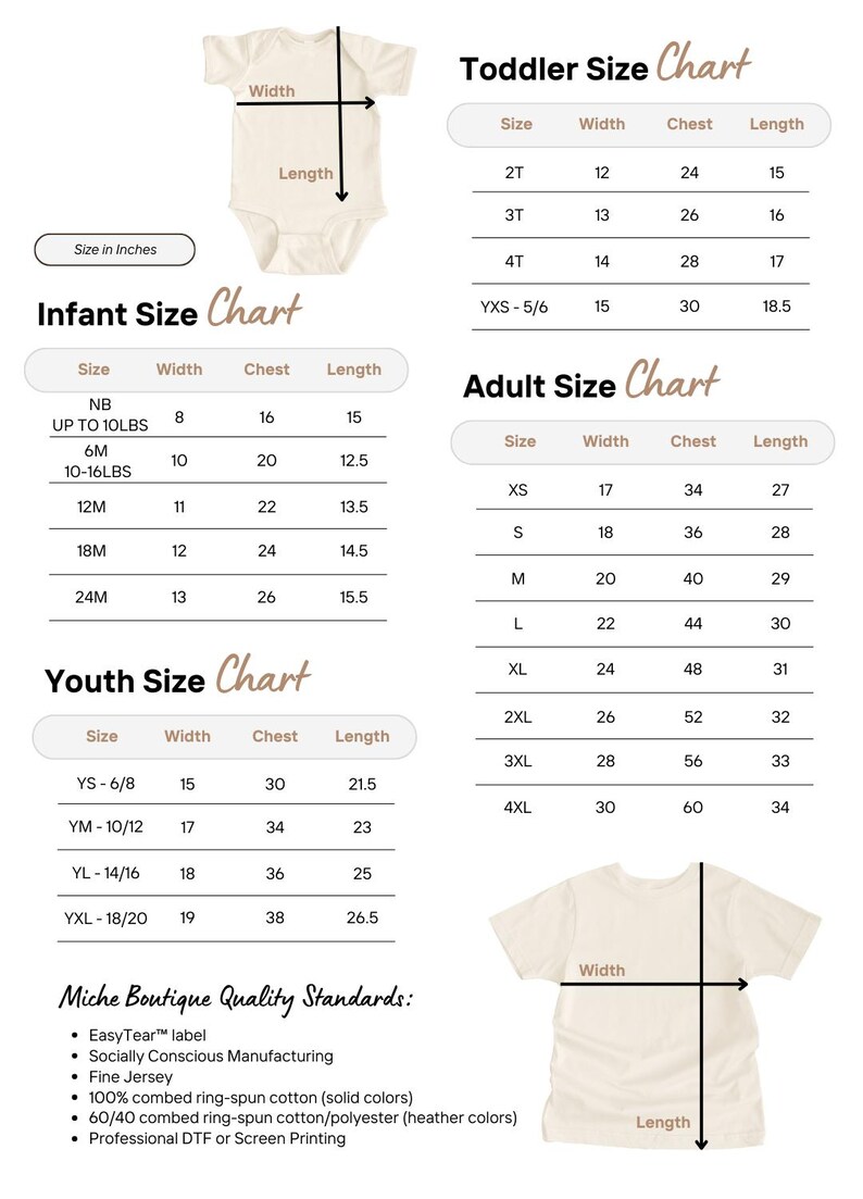 May include: Size charts for infant, toddler, youth, and adult clothing. Measurements are in inches for width, chest, and length. Includes a cream-colored onesie and t-shirt with measurement lines. Also lists Miche Boutique Quality Standards.