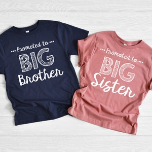 May include: Two t-shirts, one navy blue and one dusty rose, with the text "...Promoted to BIG Brother" and "...Promoted to BIG Sister" in white. The shirts are likely for a new sibling announcement.