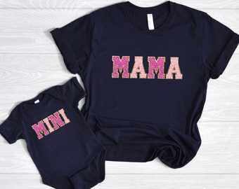 Mama Mini Shirt, Mom and Me Shirt, Girl Gift, Faux Glitter Shirt, Navy, Matching Family