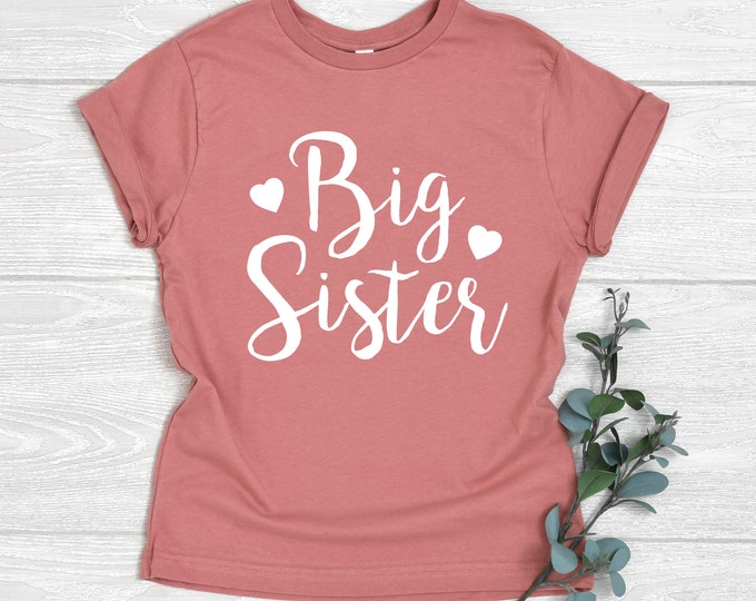 Featured listing image: Pink Big Sister Shirt With Hearts, Baby Announcement Toddler Shirt, Shirt for Big Sister, New Big Sister Shirt with Hearts, Soft Cotton