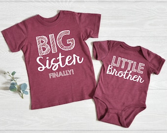 Big Sister Finally!, Matching Shirts for Baby Announcement, Big Sister Shirts, Baby Annoucement Shirt, Little Brother Bodysuit, Soft Cotton