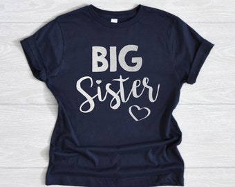 Silver Big Sister Shirt, Silver Shimmer Ink, Baby Announcement Shirt, Shirt for Big Sister, New Big Sister Shirt with Hearts, Soft Cotton