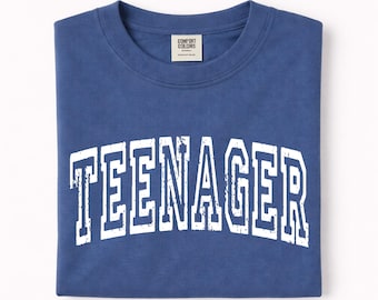 Blue Teenager Comfort Colors® Shirt, 13th Birthday Gift, Patina Blue Varsity Font