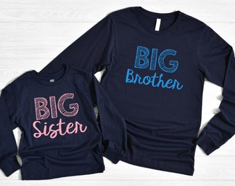 Navy Long Sleeve Big Brother and Sister Shirt, Matching Siblings, Long Sleeves, Blue Big Brother, Pink Big Sister, Navy Blue, Soft Cotton