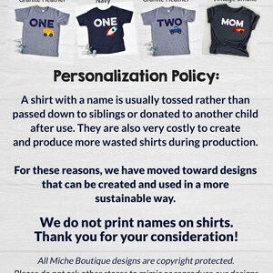 May include: Four children's t-shirts in various colors. The shirts feature the words "ONE", "TWO", and "MOM" with vehicle graphics. The text "Personalization Policy" and a statement about sustainable design are also visible.