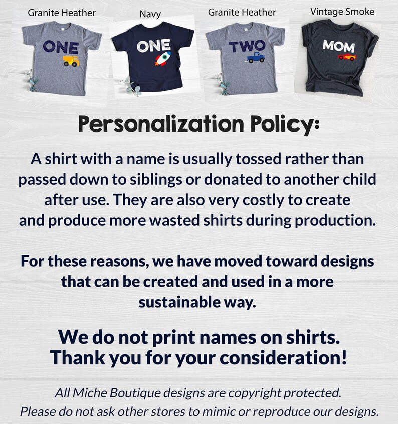 May include: Four children's t-shirts in various colors. The shirts feature the words "ONE", "TWO", and "MOM" with vehicle graphics. The text "Personalization Policy" and a statement about sustainable design are also visible.
