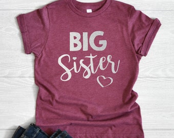 Big Sister Shirt, Silver Shimmer Ink, Baby Announcement Shirt, Shirt for Big Sister, New Big Sister Shirt with Hearts, Soft Cotton