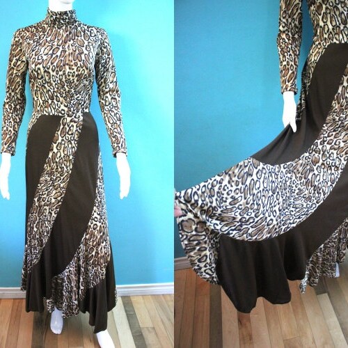 70's Maxi Dress Early 70's shops Leopard Swirl Print Polyester Jersey Mock Turtleneck Maxi Dress Size Small/Medium
