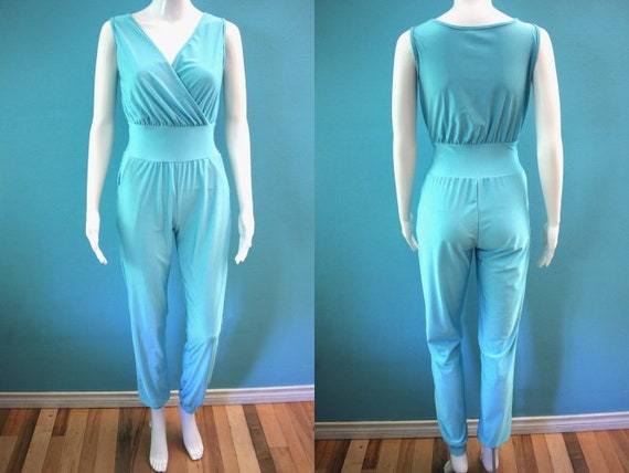 70's Jumpsuit 1970's Aqua Polyester Harem Style Di