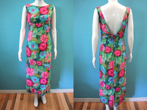 60's Dress 1960's Floral Maxi Hostess Dress 60's H