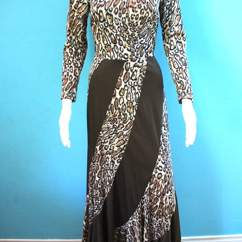 70's Maxi Dress Early 70's shops Leopard Swirl Print Polyester Jersey Mock Turtleneck Maxi Dress Size Small/Medium