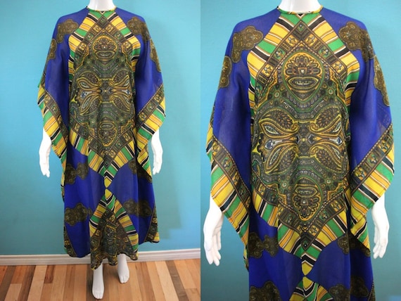 60's Kaftan 60's Blue And Yellow Paisley Print She