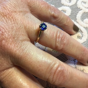 Vintage Blue Sapphire Ring-Victorian Synthetic Blue Stone Solitaire Style 10k Yellow Gold Ring Size 5.5 +